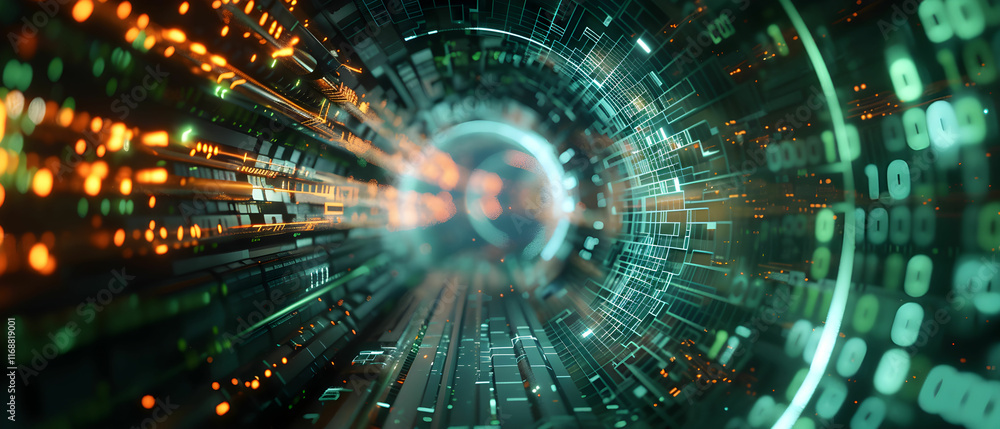 Obraz premium Futuristic Digital Tunnel with Glowing Binary Code and Light Trails in Motion for Technology Concepts