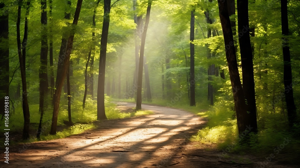 Fototapeta premium Sunlit Path Winding Through Lush Green Forest