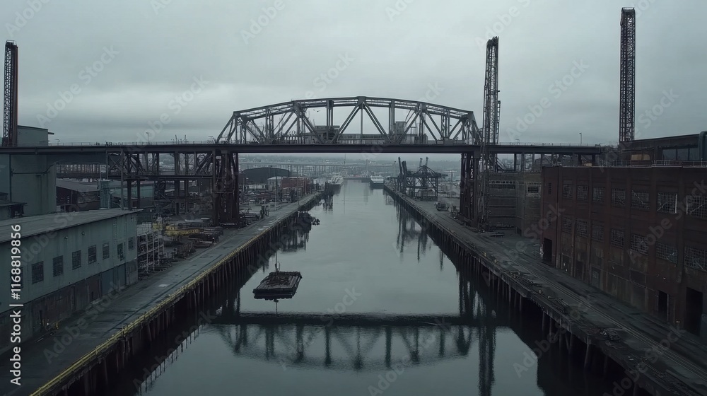 Naklejka premium Industrial Waterfront Scene with Bridge over Calm Waterway
