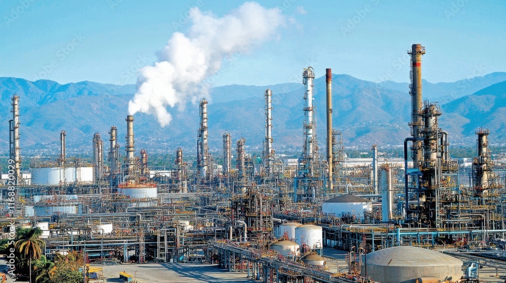 Vast Industrial Complex with Smokestacks and Blue Sky Background Vast Industrial Complex with Smokestacks and Blue Sky Background