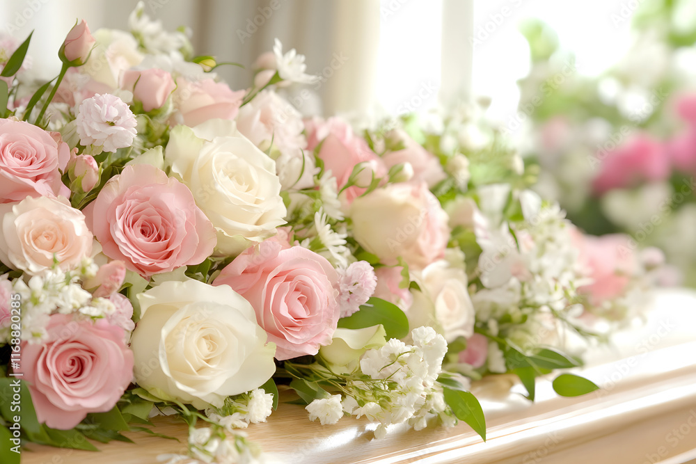 Obraz premium Floral funeral wreath on a polished wooden coffin
