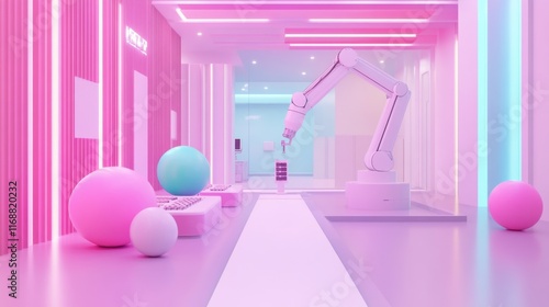 Futuristic Workspace with Robotic Arm and Neon Lighting Vibes