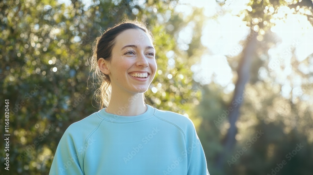 Bright and cheerful vibes – young woman in sharp focus against a sunny park setting Bright and cheerful vibes – young woman in sharp focus against a sunny park setting