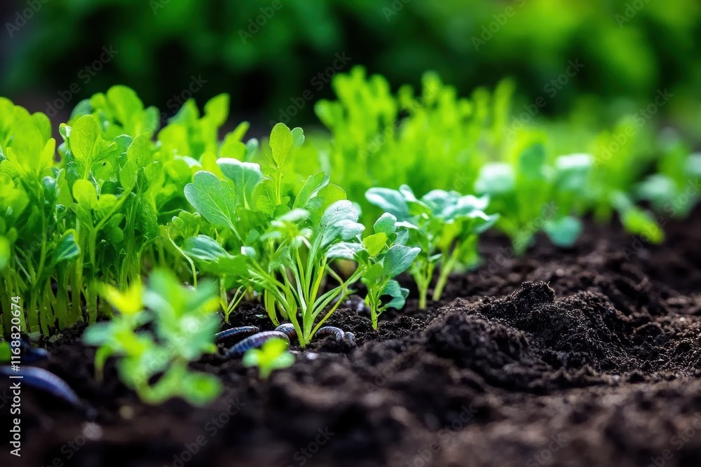 Fresh green seedlings rising from rich soil in garden showing sustainable agriculture and healthy growth environment protection concept Fresh green seedlings rising from rich soil in garden showing sustainable agriculture and healthy growth environment protection concept