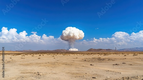 Mushroom cloud forming over barren landscape under clear blue sky, symbolizing impacts of nuclear activities, environment protection concept photo