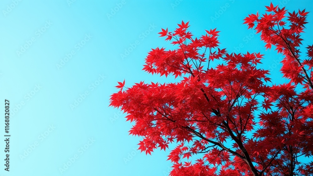 Vibrant crimson maple leaves against a bright azure sky, a picturesque autumn scene Vibrant crimson maple leaves against a bright azure sky, a picturesque autumn scene