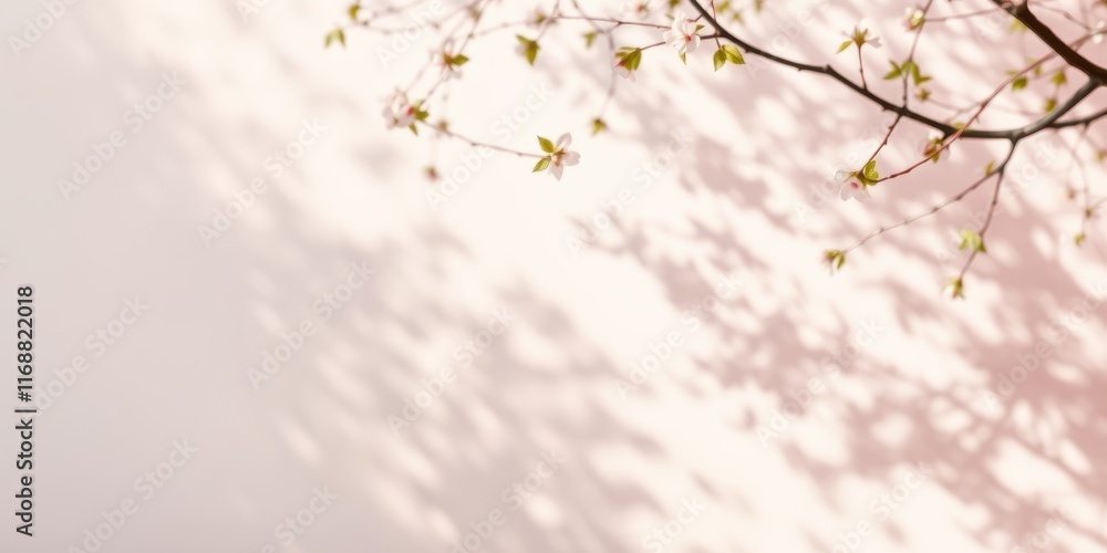 Delicate Spring Blossoms Cast Shadows on a Pale Pink Wall Delicate Spring Blossoms Cast Shadows on a Pale Pink Wall