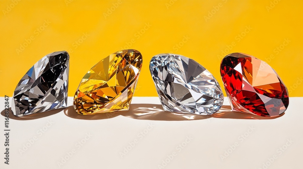 Various colored gemstones arranged on a bright yellow background showcasing their brilliance and shine Various colored gemstones arranged on a bright yellow background showcasing their brilliance and shine