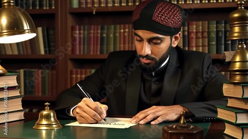 Thoughtful scholar writing in historic library with warm lighting photo