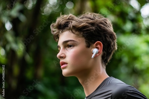 Gen Z boy with wireless earbuds, jogging in a park, wearing athletic gear, focused expression, lush greenery in the background, fitness culture vibe