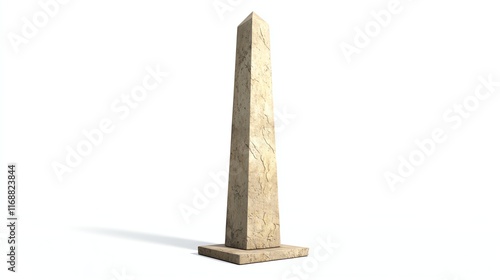 Obelisk monument with textured surface, white isolated background.