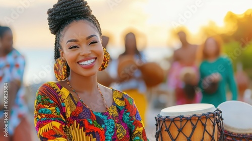 A smiling Black woman in traditional African attire stands in a golden sunset with a group of people playing drums in the background, symbolizing culture and celebration. photo