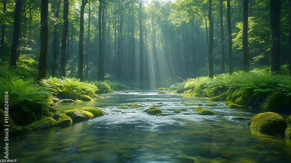Obraz premium Photography of an untouched, wild forest with a river running through it, framed by tall trees and surrounded by lush ferns and mossy rocks.