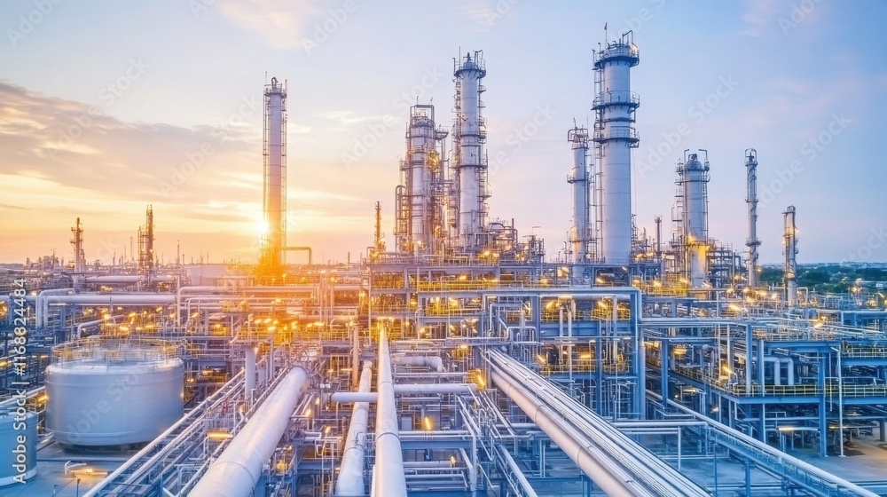 Industrial Complex at Sunset with Piping and Distillation Towers Industrial Complex at Sunset with Piping and Distillation Towers