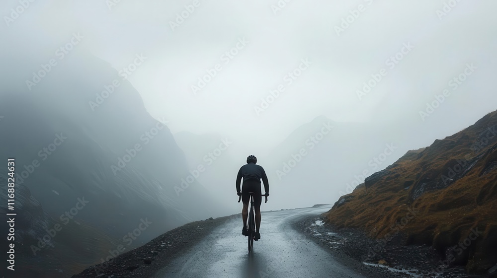 Cyclist pushing uphill through mistcovered terrain, muscles straining yet resolute, patience, perseverance, determination Cyclist pushing uphill through mistcovered terrain, muscles straining yet resolute, patience, perseverance, determination