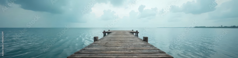 Fototapeta premium Empty wooden pier extends over calm sea, cloudy sky , beach, serene, sky