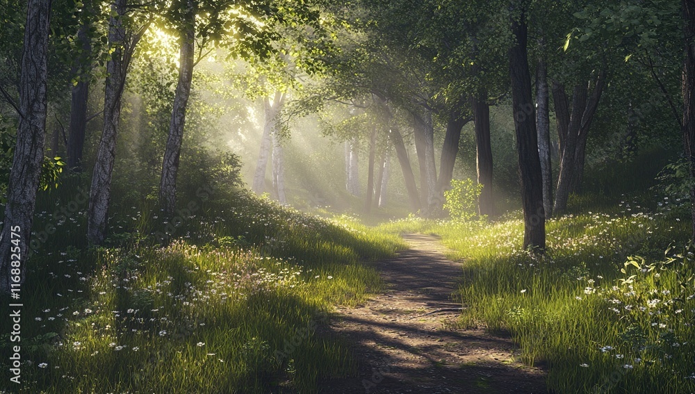 Sunlit Path Through Enchanting Forest Sunlit Path Through Enchanting Forest