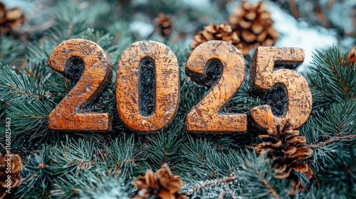 Celebrating new year 2025 with pine cones and greenery winter wonderland nature close-up festive atmosphere photo