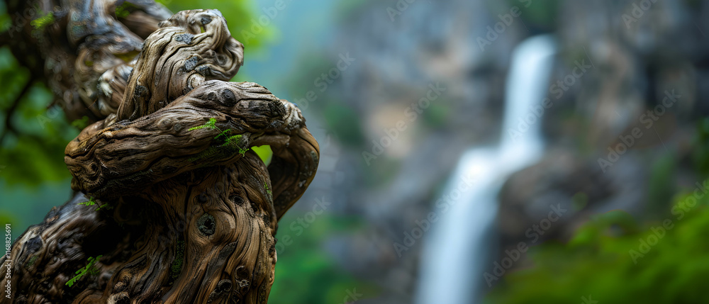 Fototapeta premium Serene Cascading Waterfall Framed by a Unique Gnarled Tree Root in Lush Green Nature