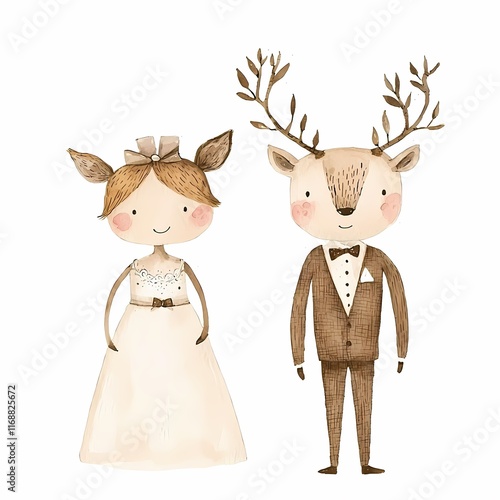 Watercolor. Whimsical couple dressed as deer in wedding attire with playful features and soft colors. photo