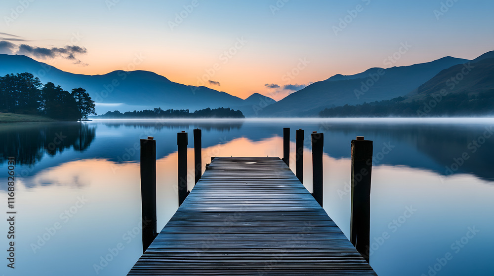 A Tranquil Experience of Minimalist Sunrise Reflected on the Calm Waters of a Serene Lake