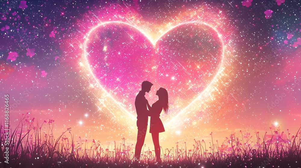 Obraz premium Romantic Couple Silhouette Heart Galaxy Love Stars Night Sky Field Flowers Dreamy Peaceful Fantasy