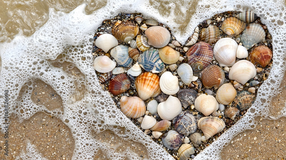 Seashells Heart Shaped Romantic Beach Wave Foam Seashells Heart Shaped Romantic Beach Wave Foam