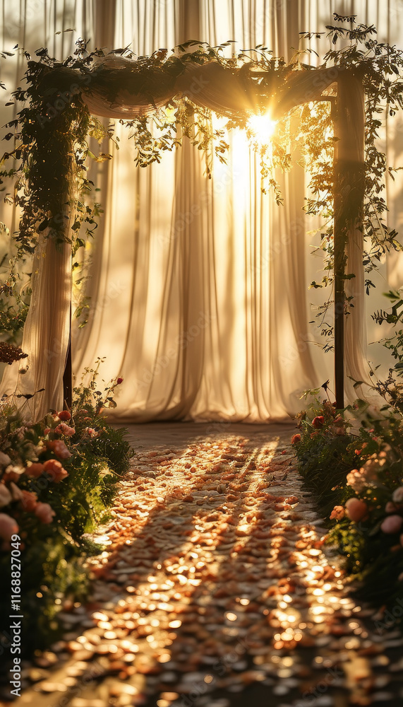 Valentines Day Podium, Empty product display podium, Golden hour wedding glow, romantic pathway bathed in golden sunlight, petals and soft greenery, warm golden light, ad, podium platform Valentines Day Podium, Empty product display podium, Golden hour wedding glow, romantic pathway bathed in golden sunlight, petals and soft greenery, warm golden light, ad, podium platform