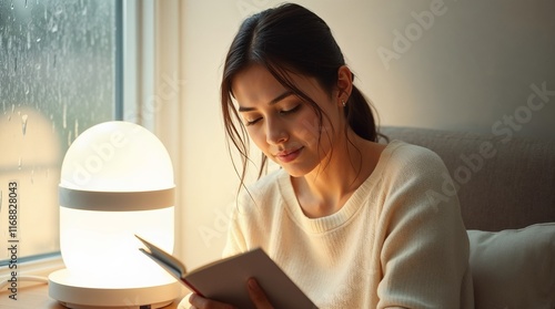 Woman enjoying light therapy by a window with a modern lamp
