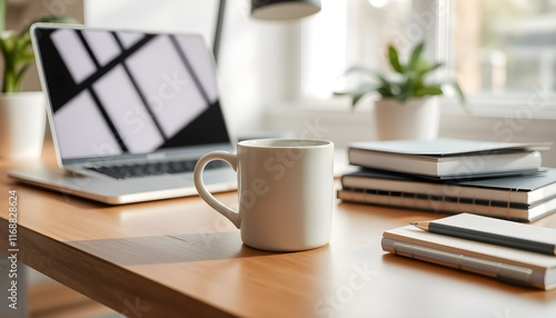 wooden desk, white coffee mug, laptop, notebooks, natural light, window, houseplant, cozy workspace, minimalist office, productivity setup, clean aesthetic, warm tones, home office, sunlit interior