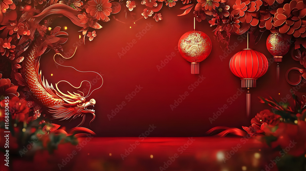 Happy chinese new year, year of the dragon zodiac sign hanging beautiful lantern and flowers on red background. Copy space Happy chinese new year, year of the dragon zodiac sign hanging beautiful lantern and flowers on red background. Copy space