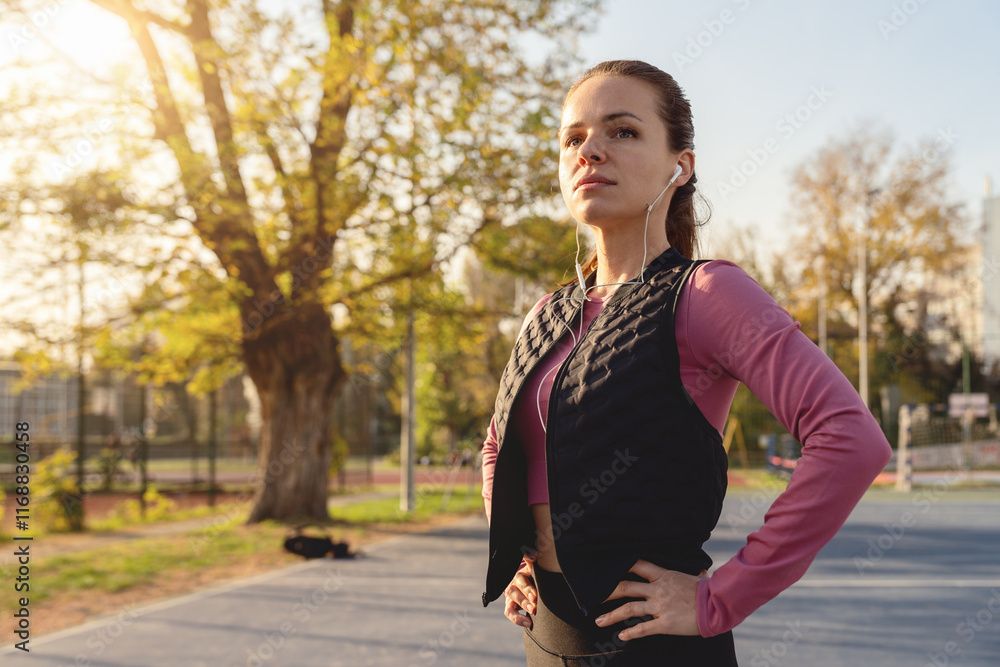 Fit woman in sportswear with earphones at outdoor sports ground. Fit woman in sportswear with earphones at outdoor sports ground.