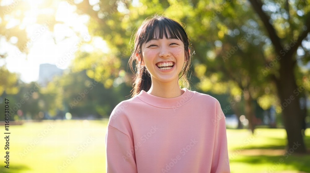 Radiant smile, natural light, and a serene park backdrop – a vibrant moment of joy Radiant smile, natural light, and a serene park backdrop – a vibrant moment of joy