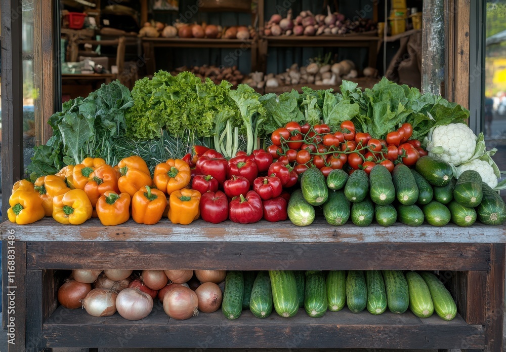 Fresh and Colorful Variety of Vegetables Displayed at Local Market Stand Showcasing Bell Peppers, Leafy Greens, Tomatoes, and Cucumbers in Natural Lighting Fresh and Colorful Variety of Vegetables Displayed at Local Market Stand Showcasing Bell Peppers, Leafy Greens, Tomatoes, and Cucumbers in Natural Lighting