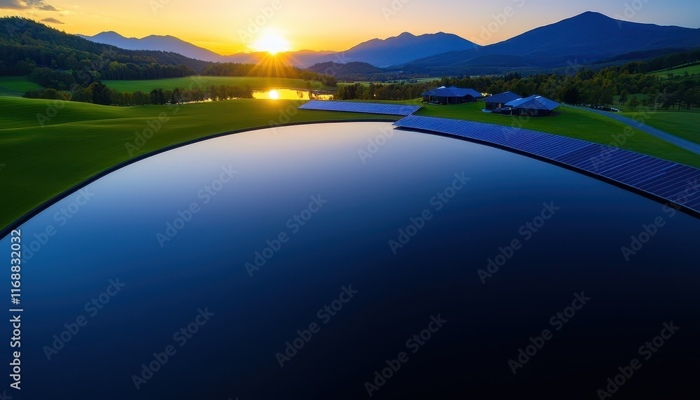 Fototapeta premium Breathtaking sunset over lush hills with a serene lake reflecting the vibrant sky.
