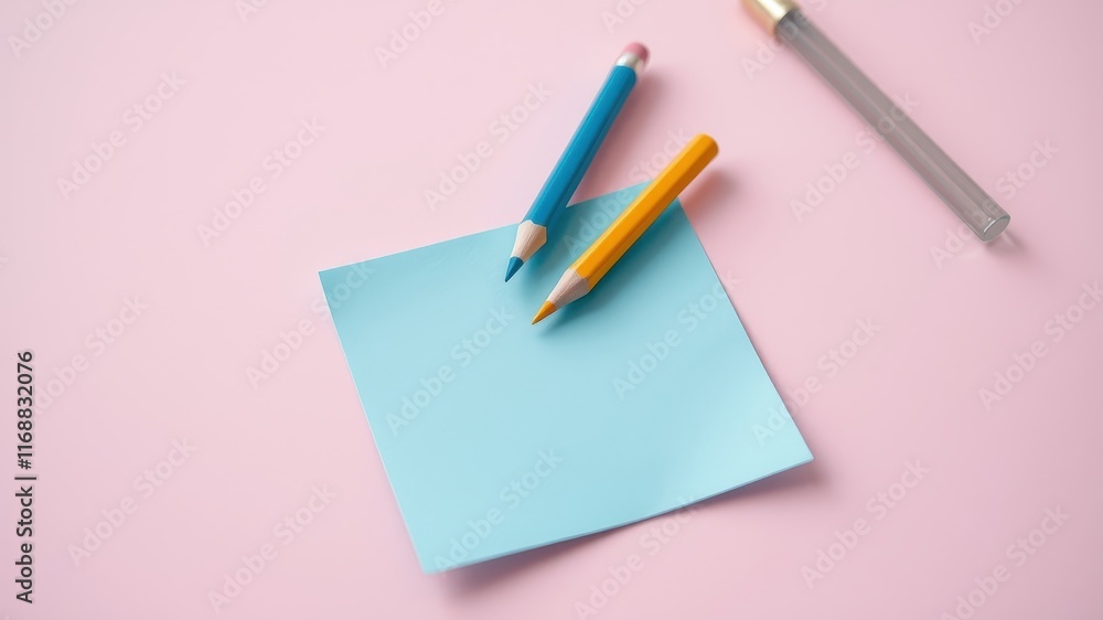 Pastel colored pencils rest on a light blue notecard against a pink background Pastel colored pencils rest on a light blue notecard against a pink background