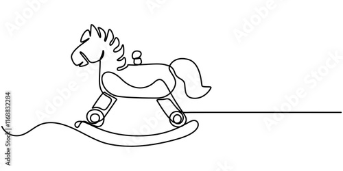 One continuous line drawing of retro old vintage wooden horse toy. Classic toy kids with wood wheel concept single line draw design vector graphic illustration, Children s toy rocking horse one line.