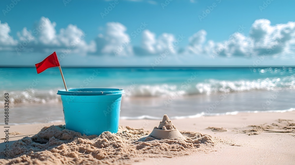 A white plastic beach bucket and shovel next to a sandcastle with a red flag evoke summer vacation vibes on a sandy beach with turquoise ocean background. A white plastic beach bucket and shovel next to a sandcastle with a red flag evoke summer vacation vibes on a sandy beach with turquoise ocean background.