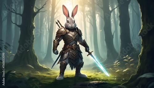 Brave Rabbit Knight in the Mystical Forest