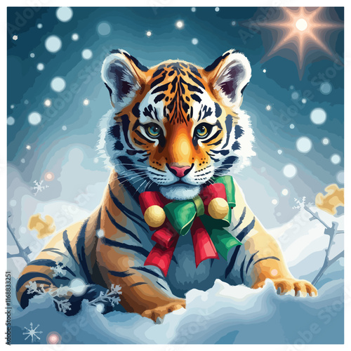 Coquette Christmas tiger cub illustration, watercolor. A striped tiger cub with a holiday bow amidst glowing snowflakes