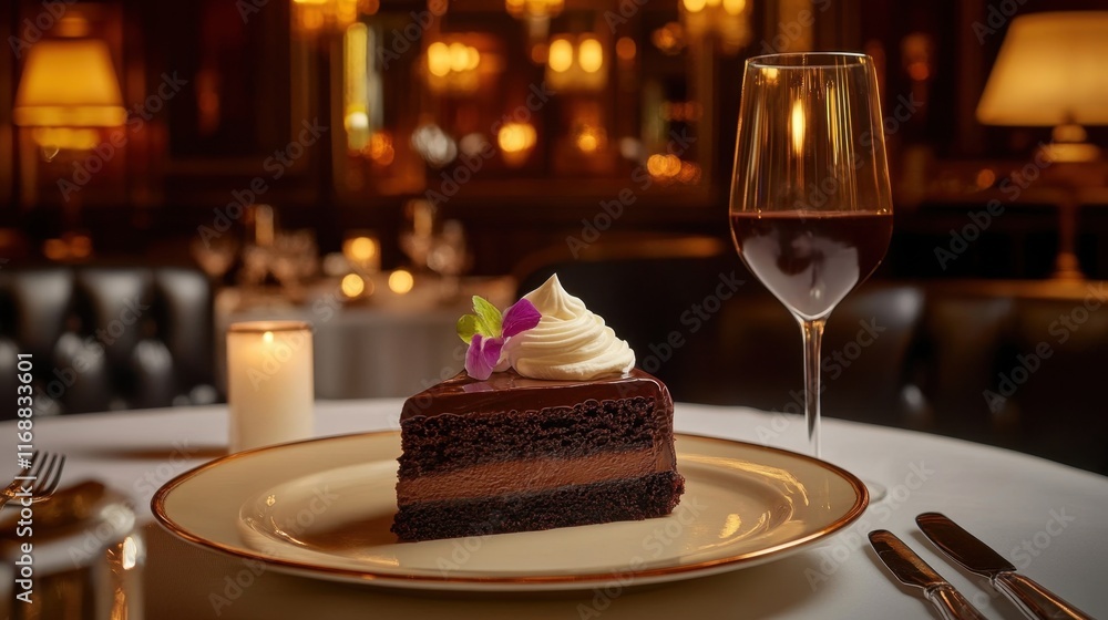 Elegant Chocolate Cake with Cream and Wine in Fine Dining Setting Elegant Chocolate Cake with Cream and Wine in Fine Dining Setting