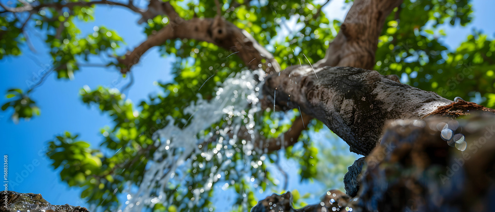 Serene Waterfall Flowing from a Tree with Lush Green Leaves Under Bright Blue Sky Serene Waterfall Flowing from a Tree with Lush Green Leaves Under Bright Blue Sky