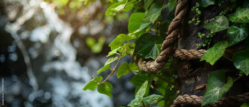 Fototapeta premium Lush Green Ivy Climbing a Tree with Ropes Near a Sparkling Waterfall in a Scenic Nature Setting