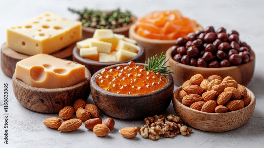 Assorted Selection of Gourmet Snacks Including Cheese, Nuts, Caviar, and Fruits Presented in Wooden Bowls on a Light Background Assorted Selection of Gourmet Snacks Including Cheese, Nuts, Caviar, and Fruits Presented in Wooden Bowls on a Light Background