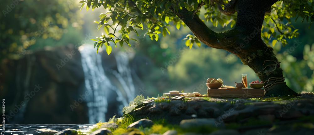 Serene Picnic Scene Under a Lush Tree Beside a Tranquil Waterfall in Nature's Embrace Serene Picnic Scene Under a Lush Tree Beside a Tranquil Waterfall in Nature's Embrace