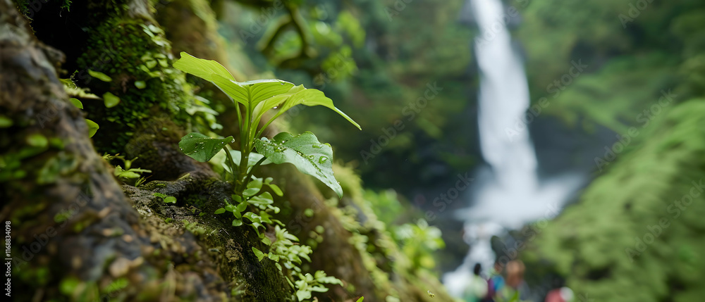 Lush Greenery and Waterfall in a Vibrant Forest Setting with Close-Up of Leaves and Flowing Water Lush Greenery and Waterfall in a Vibrant Forest Setting with Close-Up of Leaves and Flowing Water