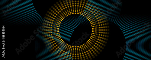 Blue shiny circular lines and golden dotted circles abstract futuristic tech background. Vector minimal geometric glowing design