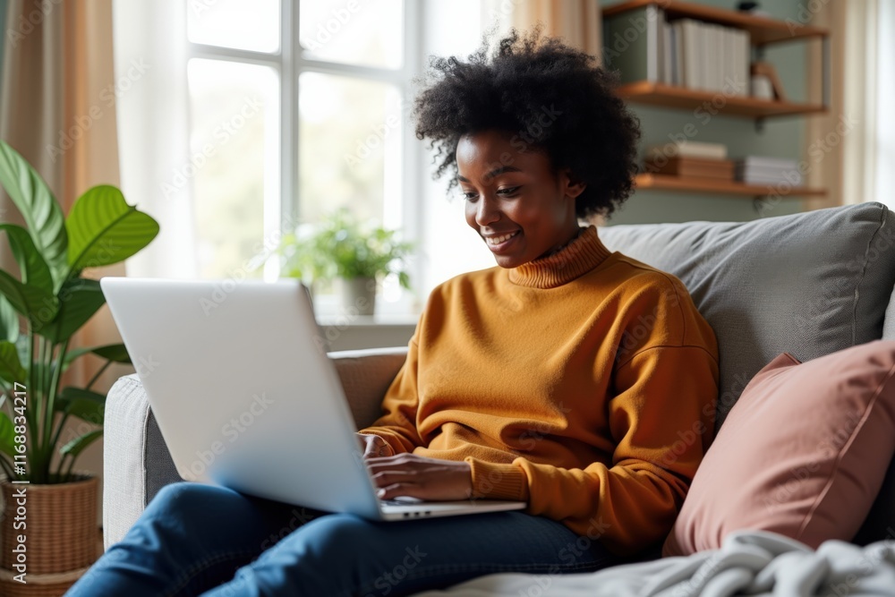 Young Woman Working Remotely on Laptop from Comfortable Living Room Sofa, Perfect for Freelance, Remote Work, or Online Learning Concepts Young Woman Working Remotely on Laptop from Comfortable Living Room Sofa, Perfect for Freelance, Remote Work, or Online Learning Concepts