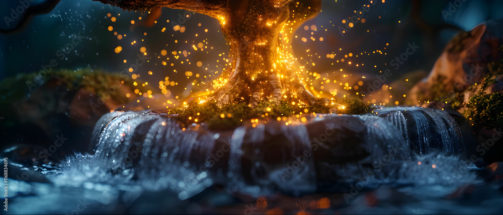 Enchanted Tree with Glowing Particles Above Resting Waterfall and Surrounded by Lush Greenery in Mystical Forest Setting
