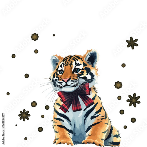 Coquette Christmas tiger cub illustration, watercolor. A striped tiger cub with a holiday bow amidst glowing snowflakes